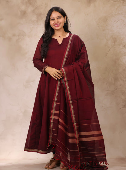Maroon Narayanpet Cotton Kali Kurta with Narayanpet Dupatta | Looms & Tassels