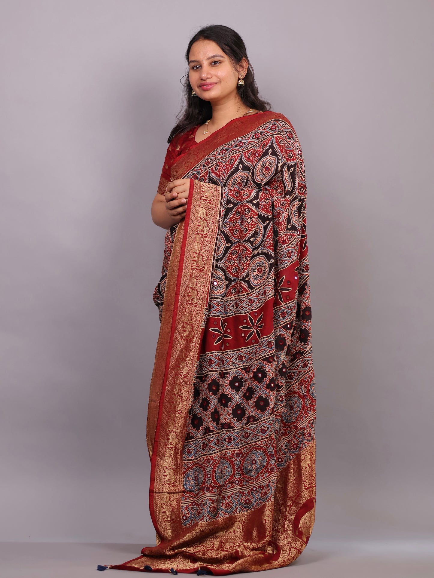 Red & Black Handcrafted Ajrakh Dola Silk Saree with Authentic Banjara Mirror Work | Looms & Tassel