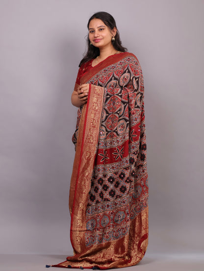 Red & Black Handcrafted Ajrakh Dola Silk Saree with Authentic Banjara Mirror Work | Looms & Tassel