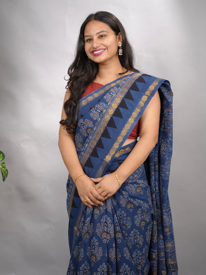 Indigo Ajrakh Hand Block Printed Sungudi Cotton Saree | Looms & Tassels