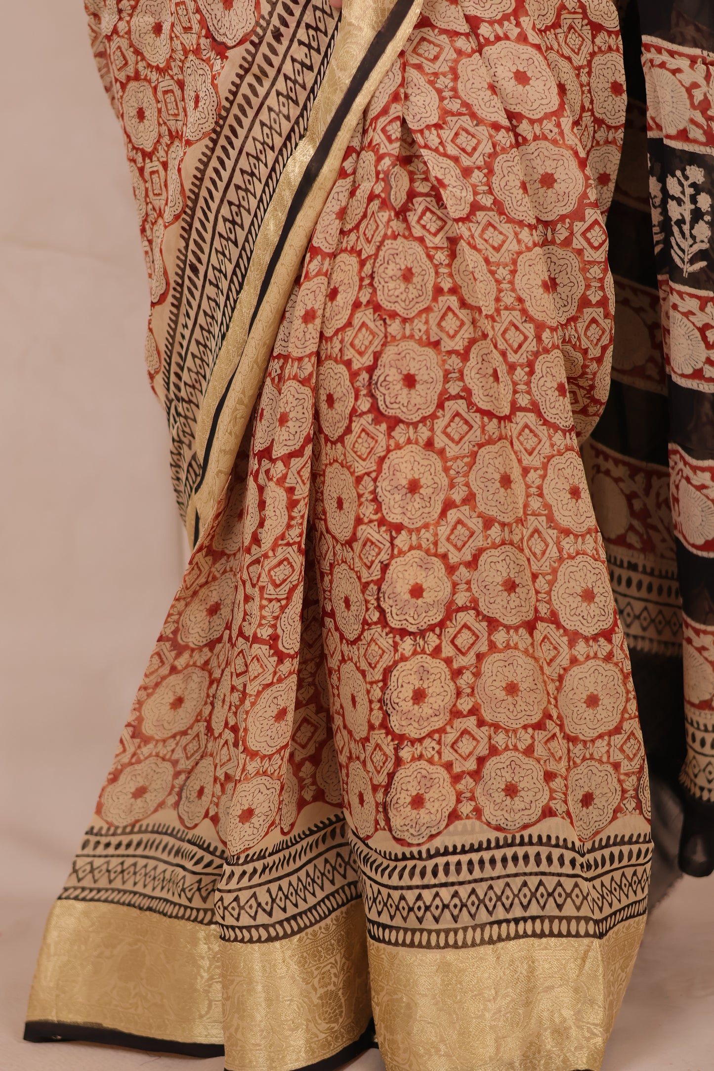 Maroon Chiffon Hand Block Printed Saree with Jari Border | Looms & Tassels