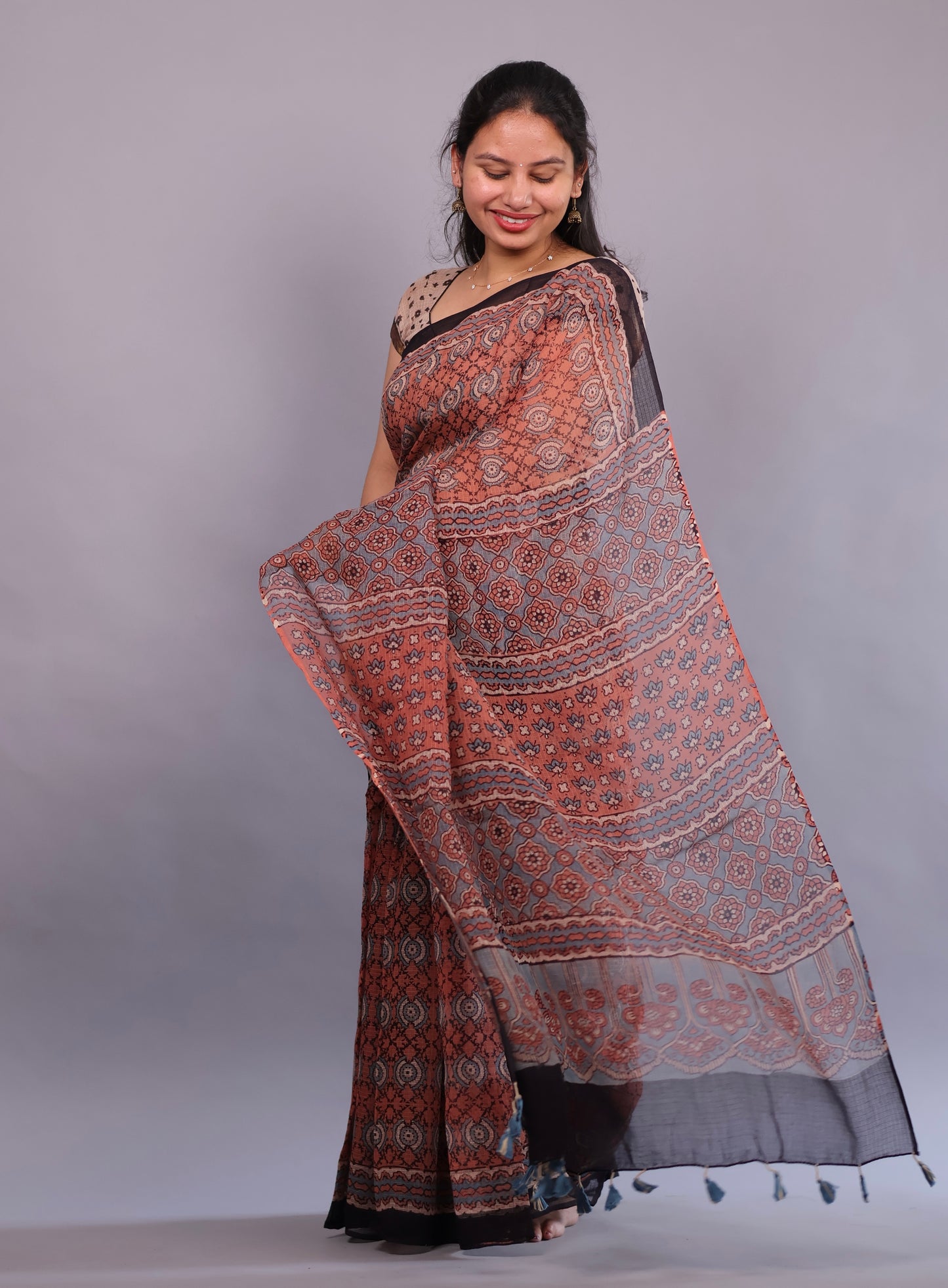 Rust Orange Ajrakh Hand Block Printed Kota Doria Saree | Looms & Tassels
