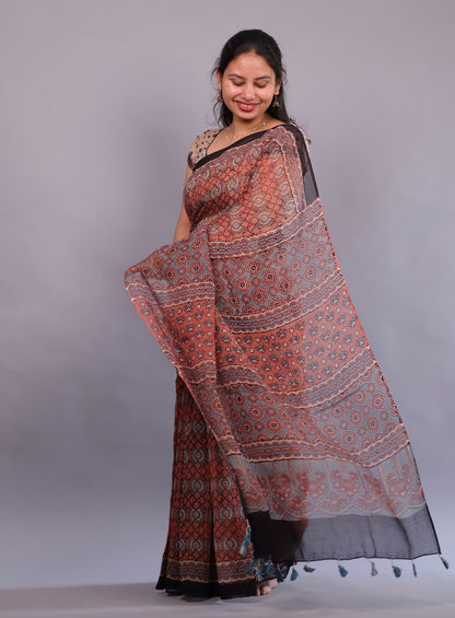 Rust Orange Ajrakh Hand Block Printed Kota Doria Saree | Looms & Tassels