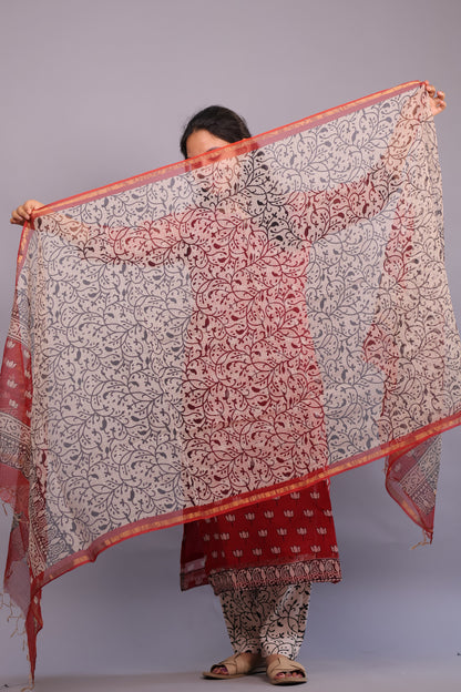 Red Lotus Handblock printed kota 3 piece suit (stitched)