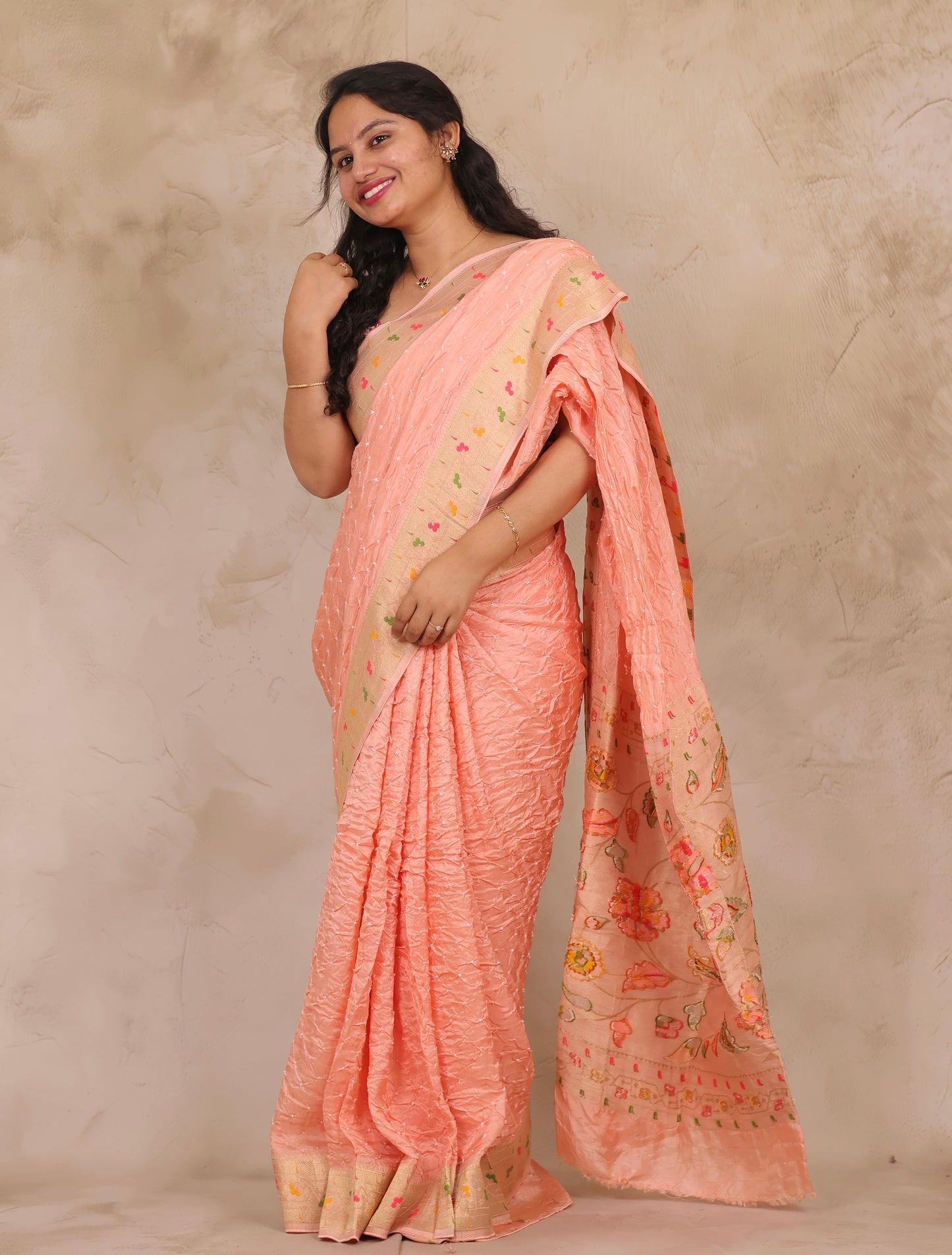 Peach Handcrafted Pattern Bandhani Paithani Dola Silk Saree | Looms & Tassels