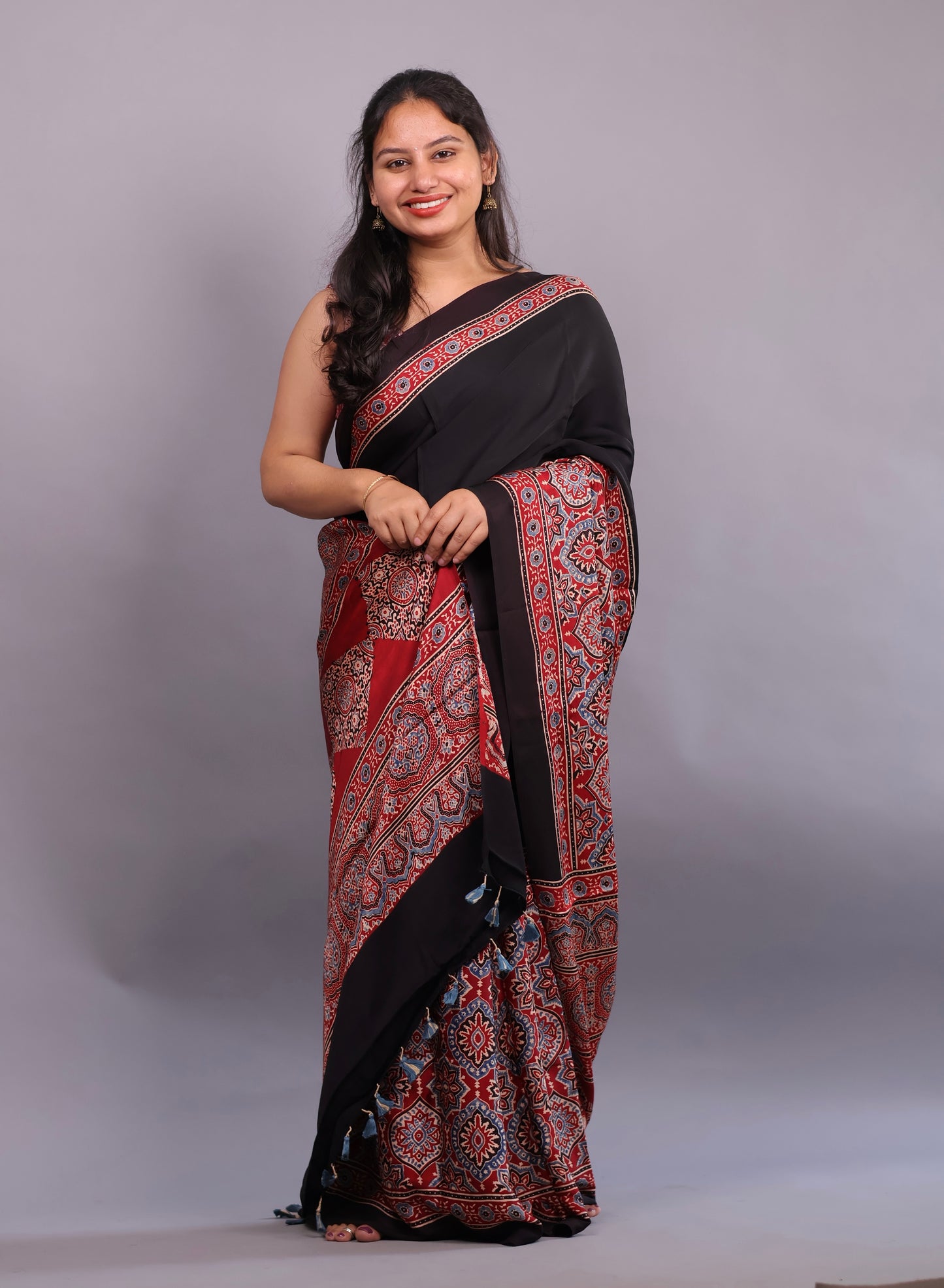 Authentic Ajrakh Handblock Printed Modal Silk Saree | Looms & Tassels