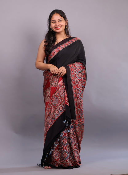 Authentic Ajrakh Handblock Printed Modal Silk Saree | Looms & Tassels