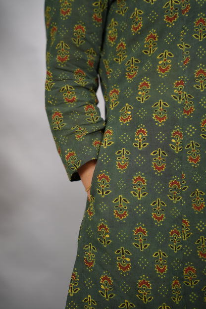 Green Ajrakh Cotton Kali Kurta | Looms & Tassels