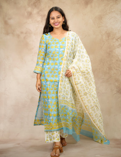 Powder Blue Handblock printed Pure Chenderi Silk 3 piece suit (stitched) |  Looms & Tassels