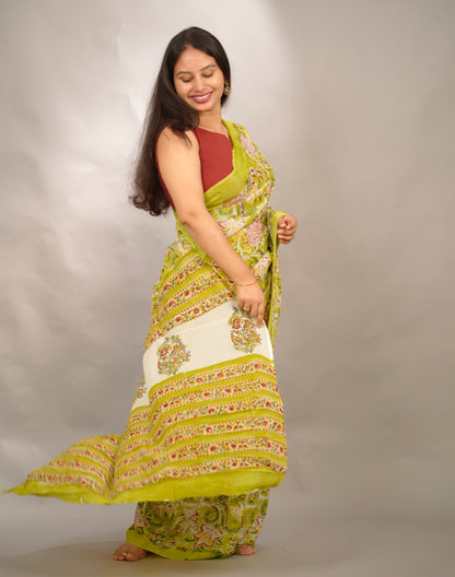 Parrot Green Georgette Hand Block Printed Saree| Looms & Tassels