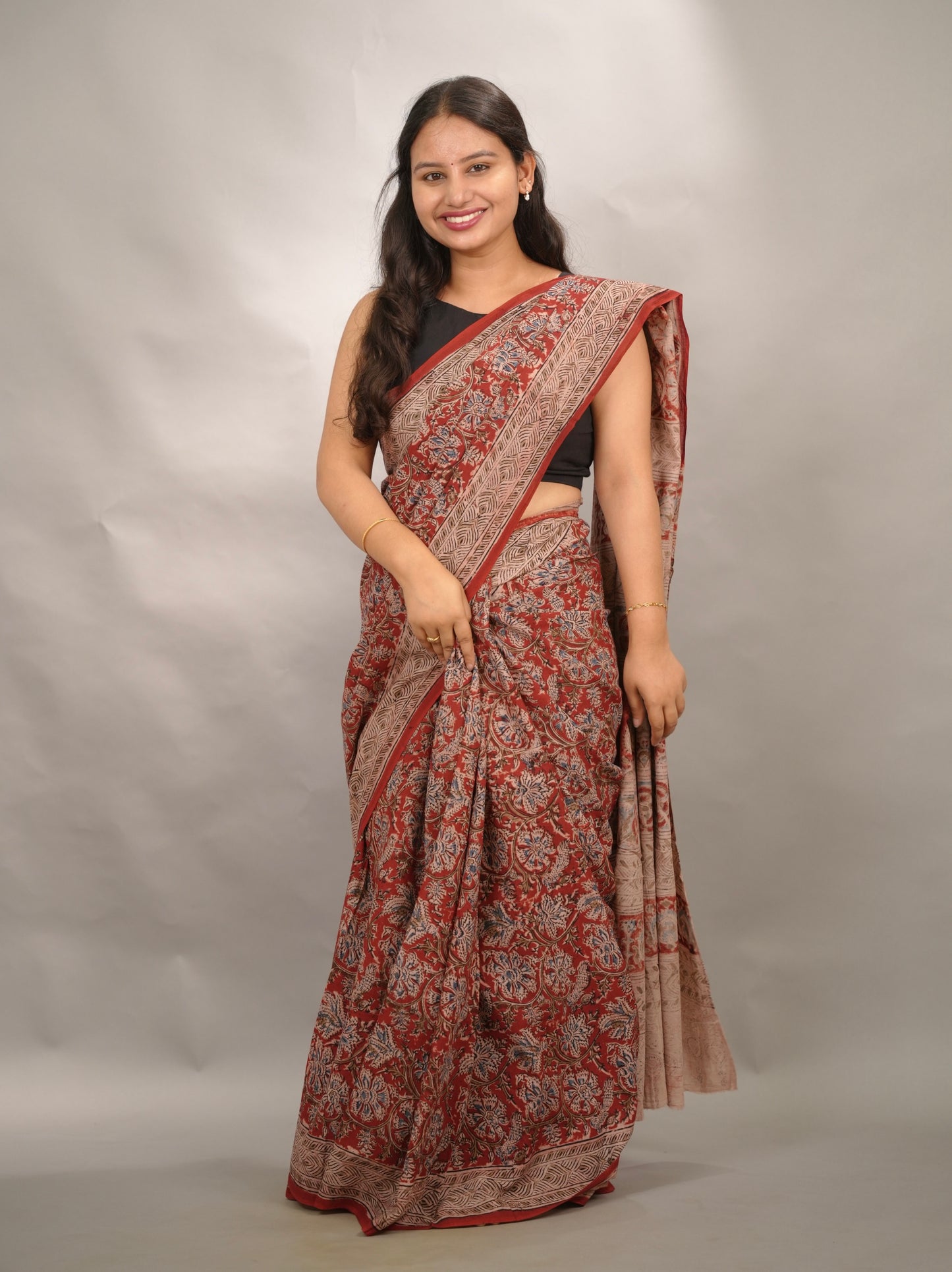 Red Hand Block Printed Kalamkari Cotton Saree | Looms & Tassels