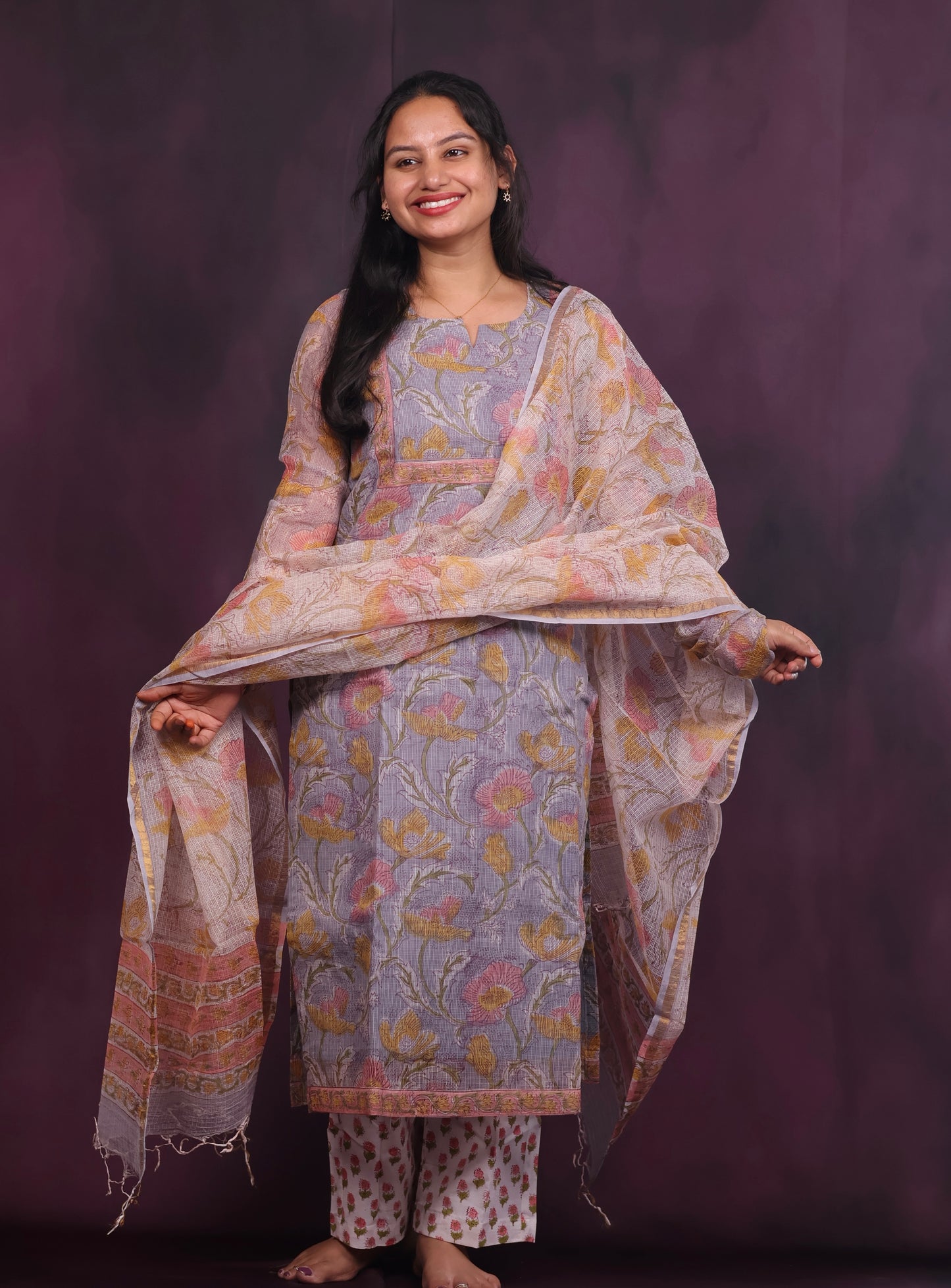 Grey Handblock printed kota 3 piece suit with chudi sleeves