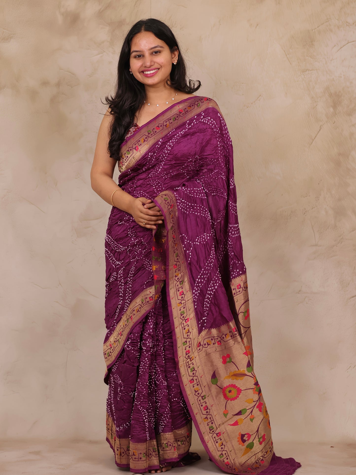 Magenta Handcrafted Pattern Bandhani Paithani Dola Silk Saree | Looms & Tassels