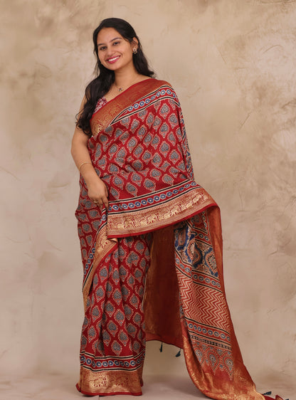 Maroon Butta Ajrakh Handblock printed Dola Silk Saree | Looms & Tassels