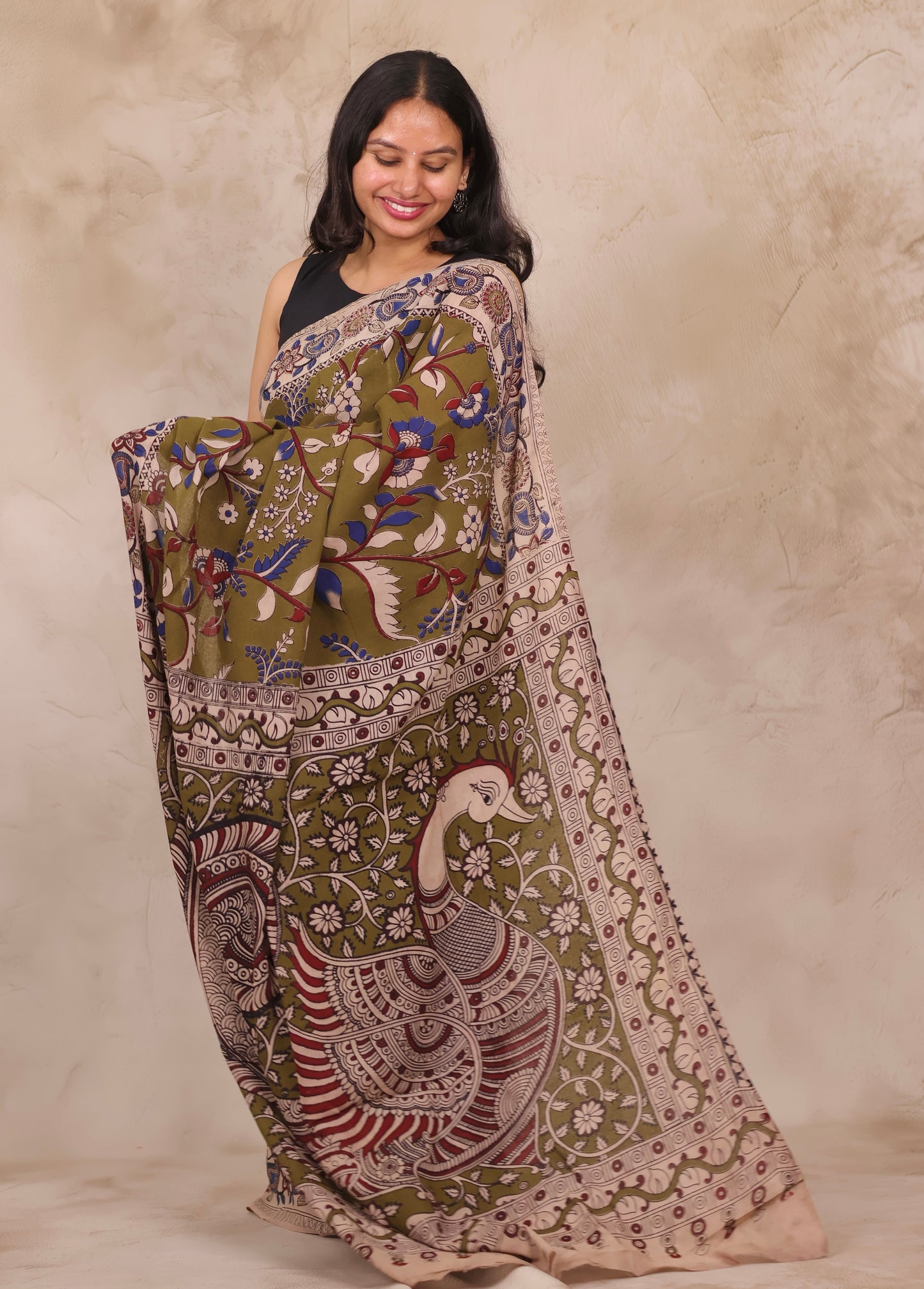 Mehendi Green Kalamkari Cotton Saree