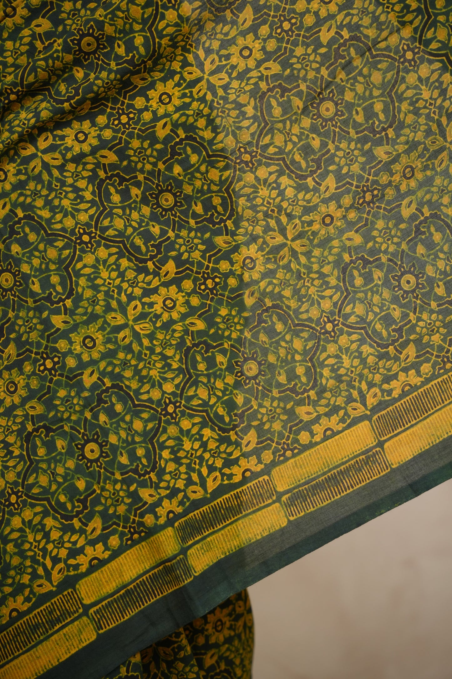 Green Ajrakh Hand Block Printed Cotton Saree | Looms & Tassels