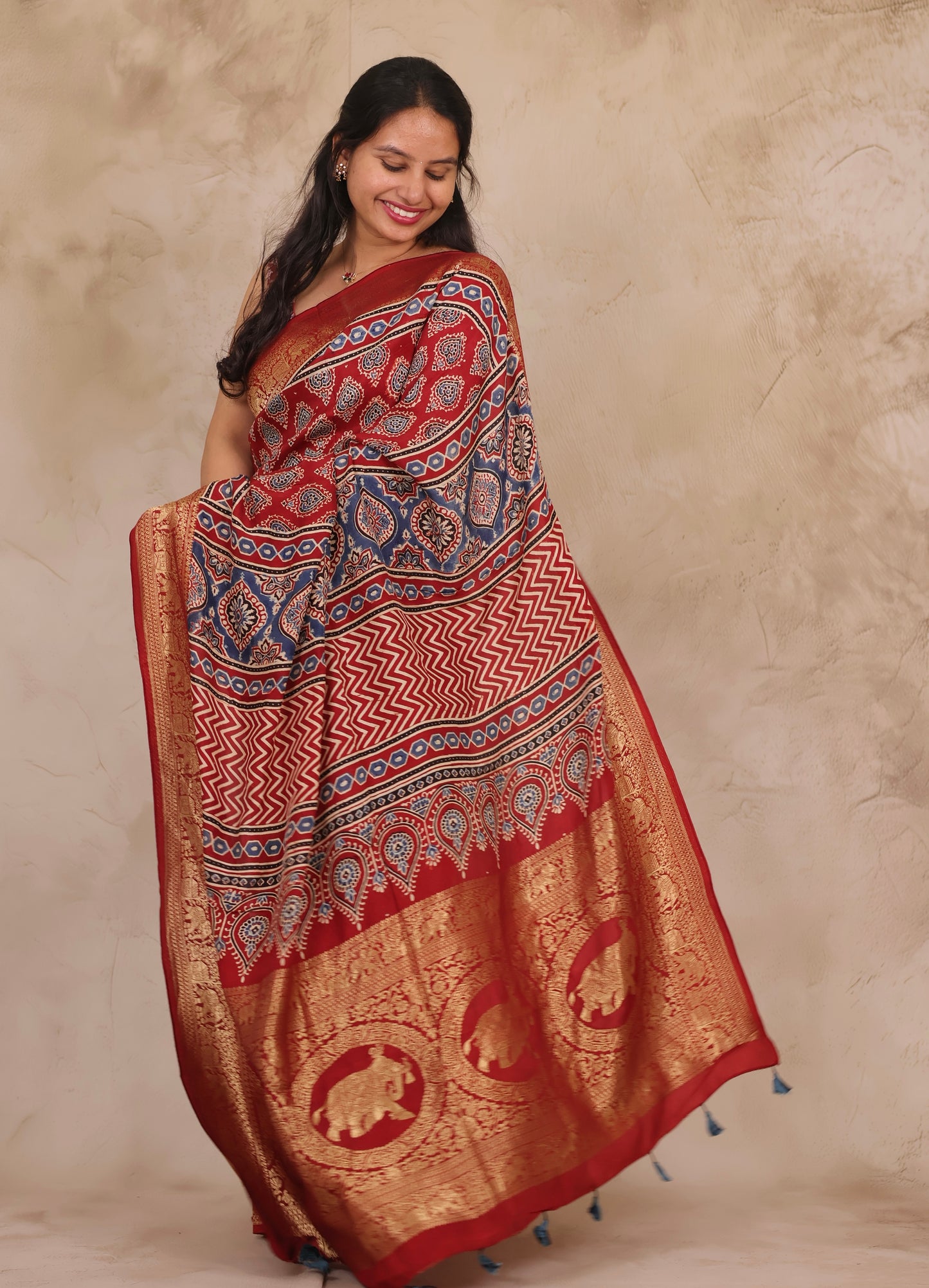 Maroon Butta Ajrakh Handblock printed Dola Silk Saree | Looms & Tassels