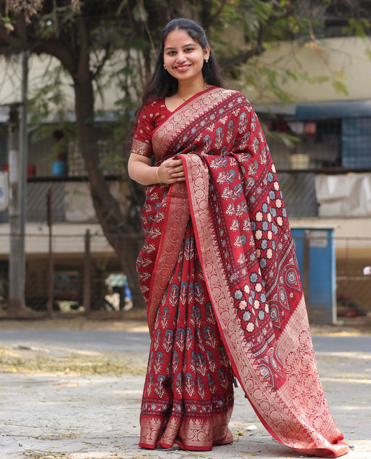 Maroon Kutchi Butta Authentic Ajrakh Handblock Printed Dola Silk Saree | Looms & Tassels