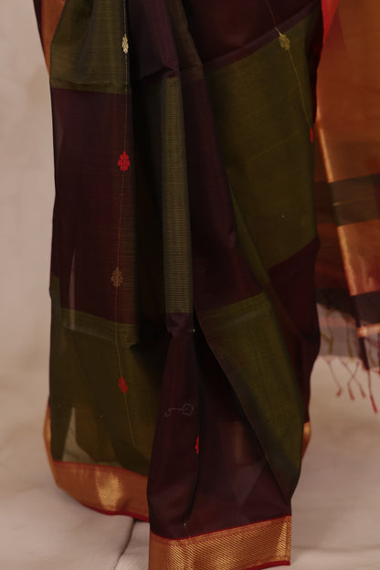 Wine & Green Handloom Maheswari Silk Cotton Sarees | Looms & Tassels