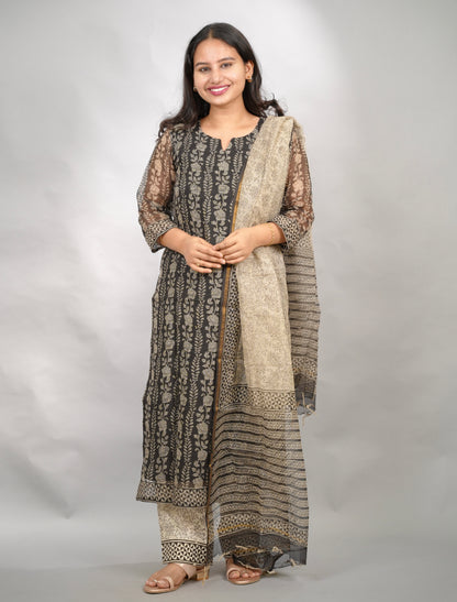 Black Handblock printed kota 3 piece suit (stitched)