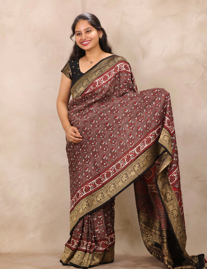 Dusty Brown Ajrakh Handblock printed Dola Silk Saree | Looms & Tassels