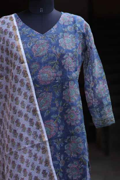Teal Handblock printed kota 3 piece suit (stitched)