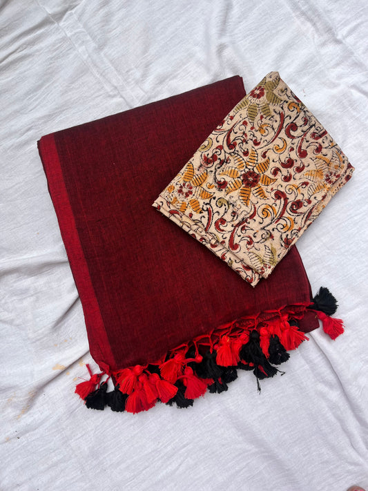 Maroon Pure Handwoven Malai Cotton Saree