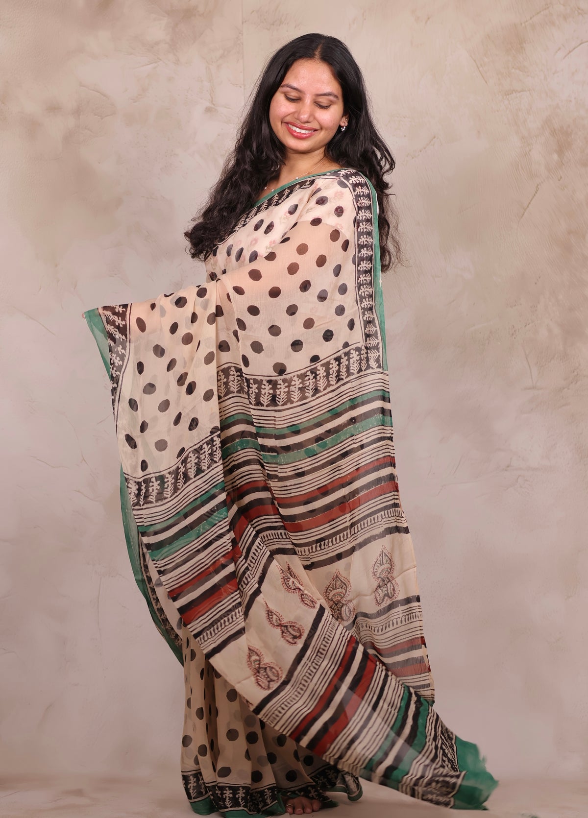 Cream Chiffon Hand Block Printed Saree | Looms & Tassels