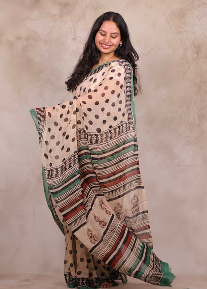 Cream Chiffon Hand Block Printed Saree | Looms & Tassels