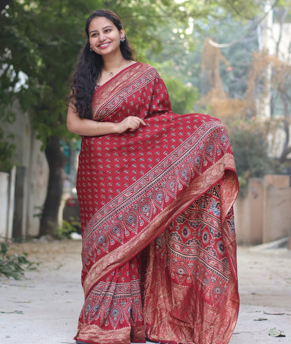 Lotus Ajrakh Handblock Printed Dola Silk Saree