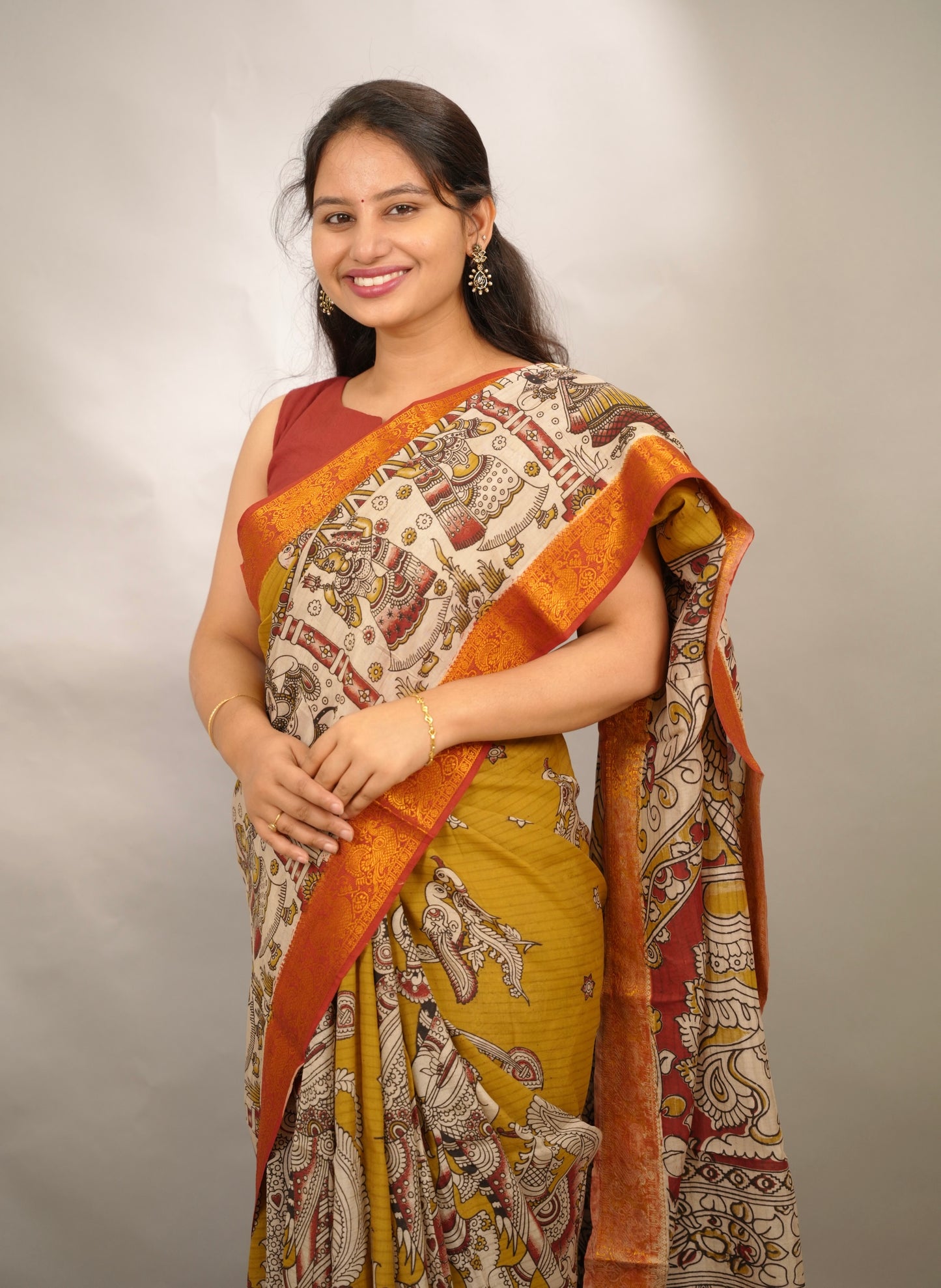 Mustard Kanchi border Kalamkari Chennur Silk Saree | Looms & Tassels