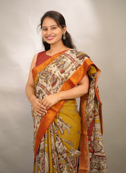 Mustard Kanchi border Kalamkari Chennur Silk Saree | Looms & Tassels