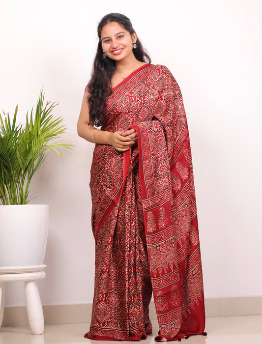 Red Badam Butta Authentic Ajrakh Handblock Printed Modal Silk Saree | Looms & Tassels