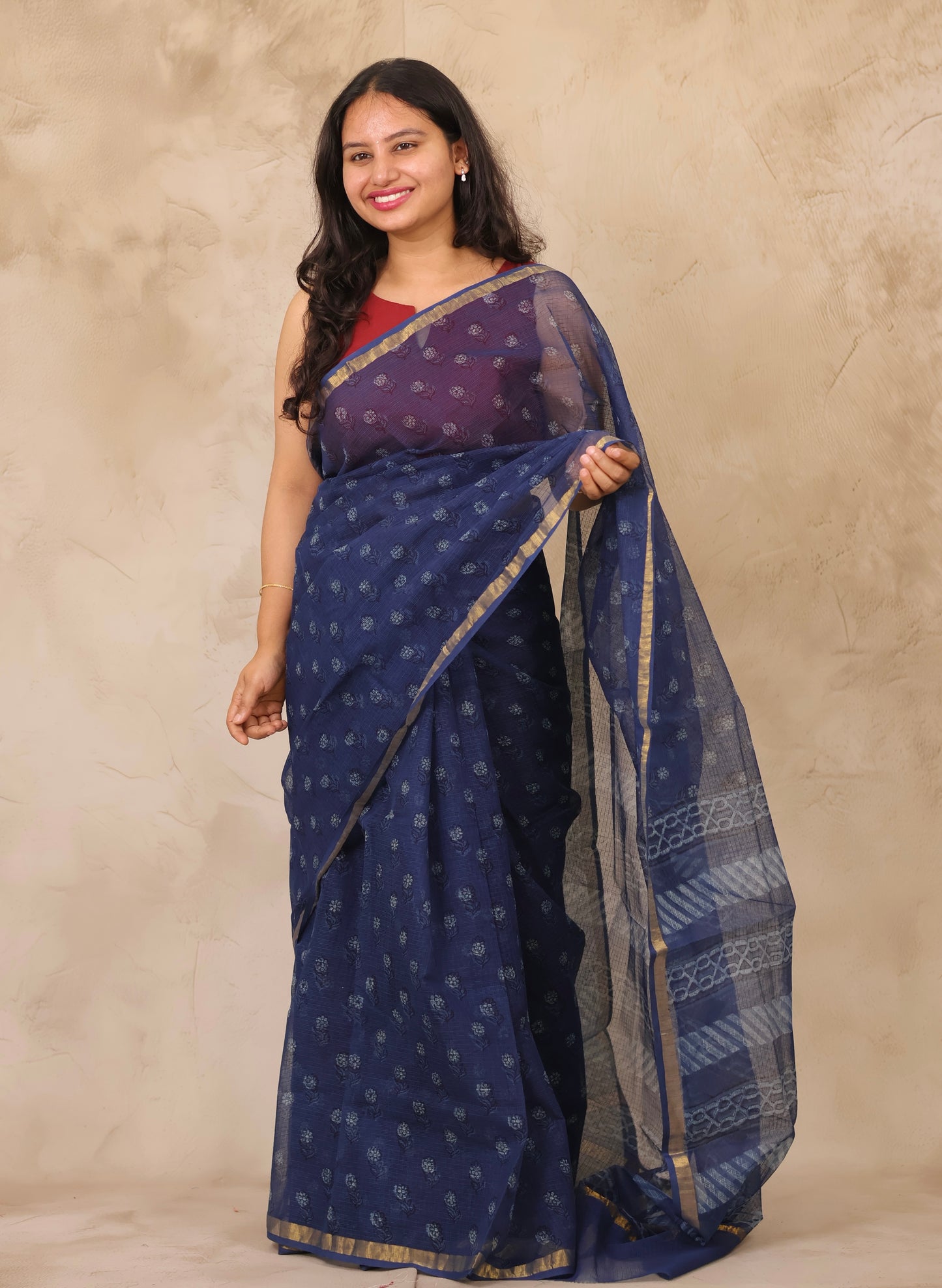 Dark Blue Pure Kota Doria Saree with Bagru Handblock Prints | Looms & Tassels