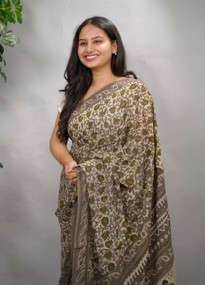 Grey Georgette Hand Block Printed Saree| Looms & Tassels