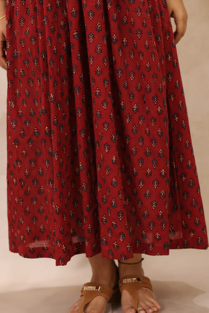 Maroon Ajrakh Hand Block Printed Pure Mul Cotton Aline Kurta | Looms & Tassels