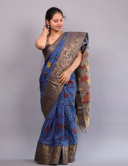 Blue Hand Painted Pen Kalamkari Silk Saree