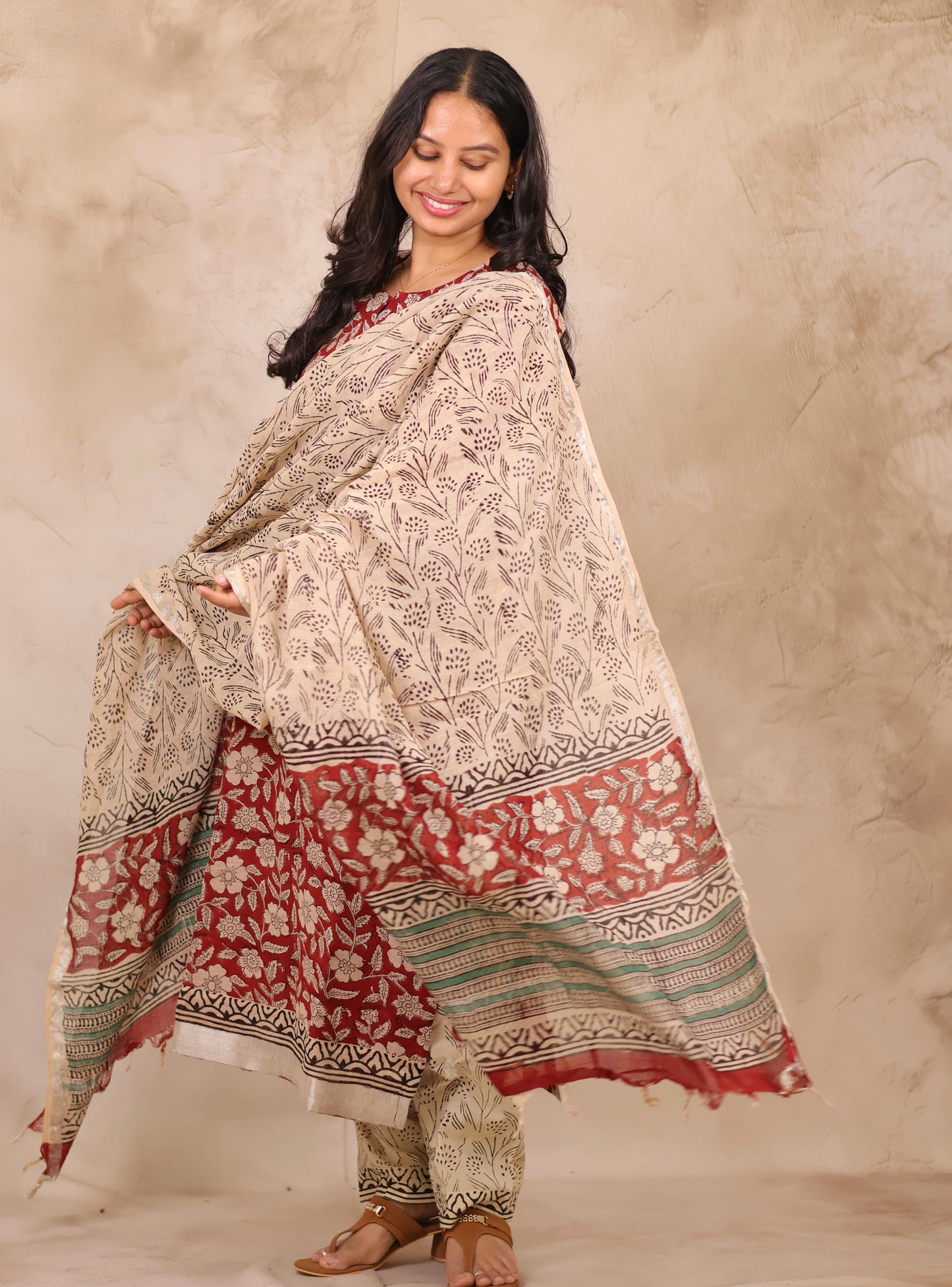 Maroon Linen Cotton Handblock printed 3 piece suit (stitched)
