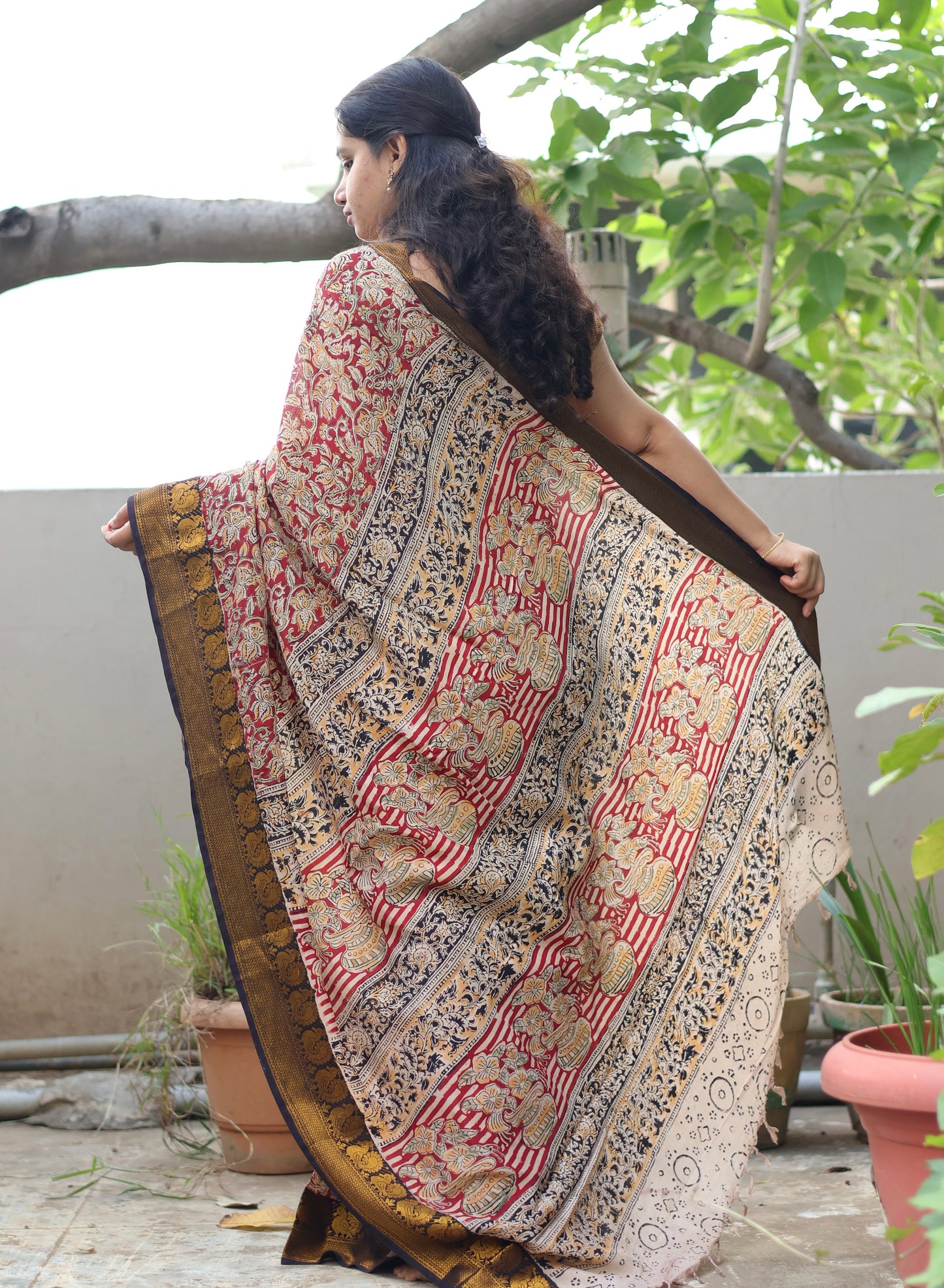 Red Hand Block Printed Kalamkari Kanchi Border Silk Sare