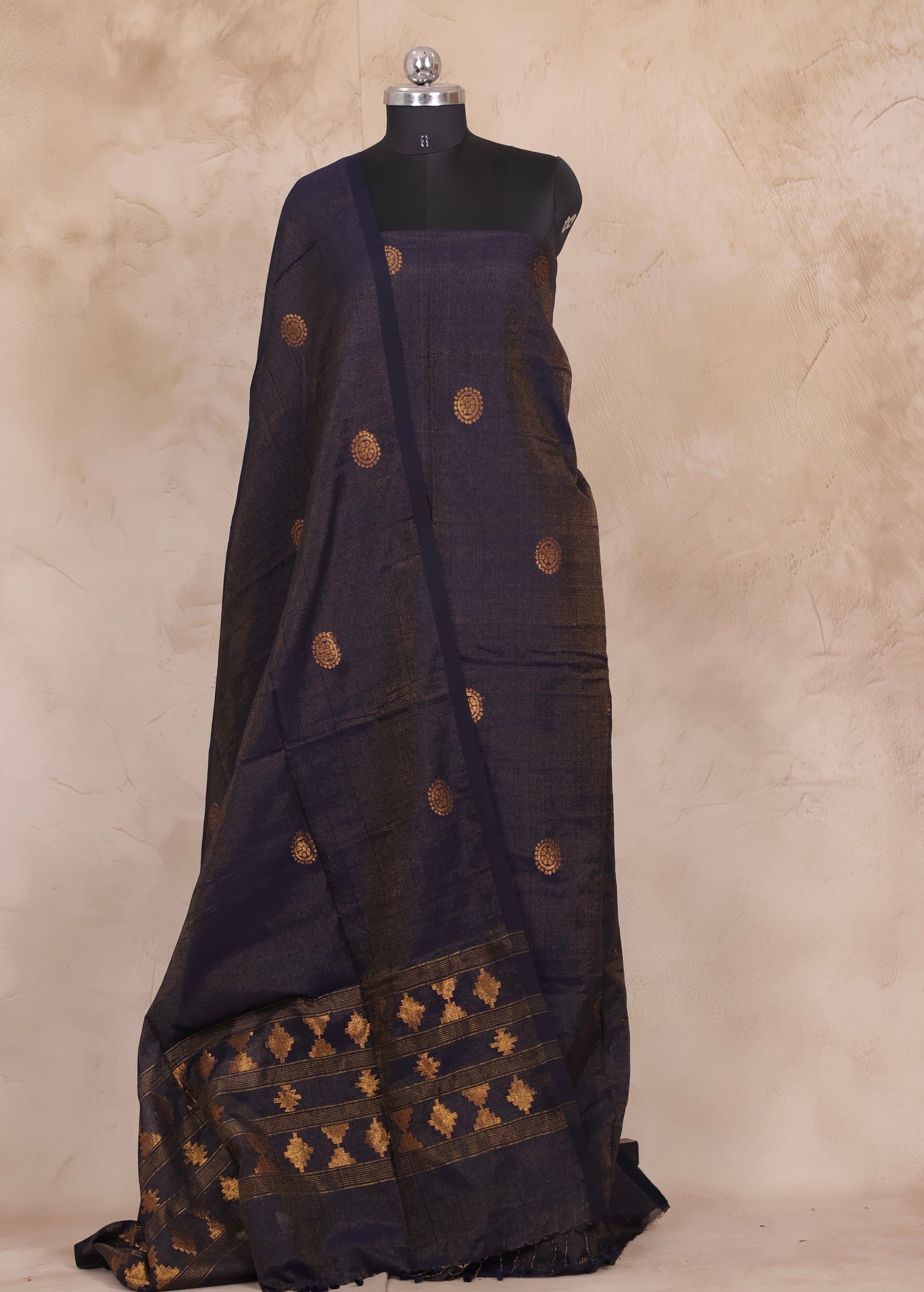 Navy Blue Handwoven Jamdhani weaving Tissue Linen 2 piece suit sets | Looms & Tassels