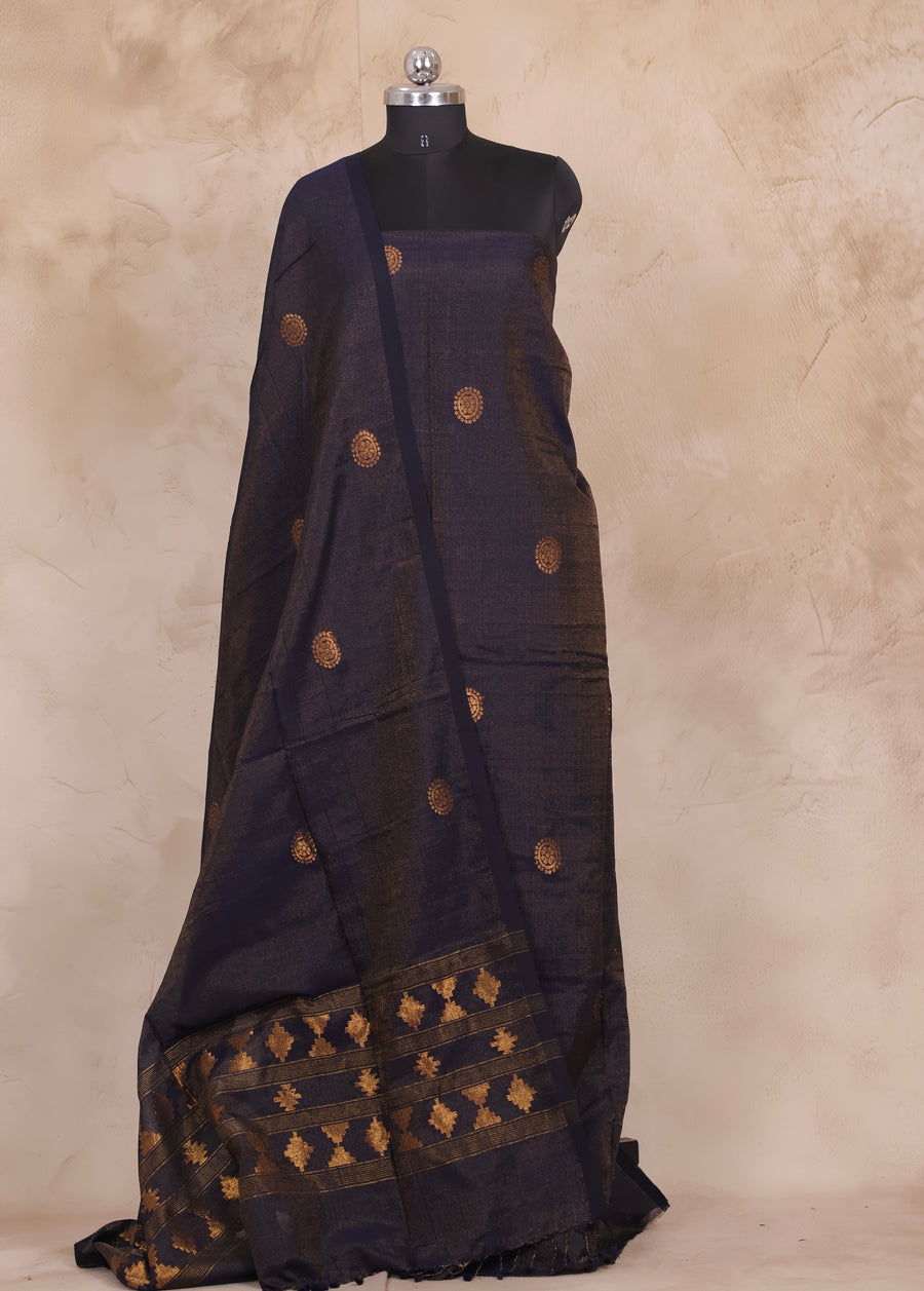 Navy Blue Handwoven Jamdhani weaving Tissue Linen 2 piece suit sets | Looms & Tassels