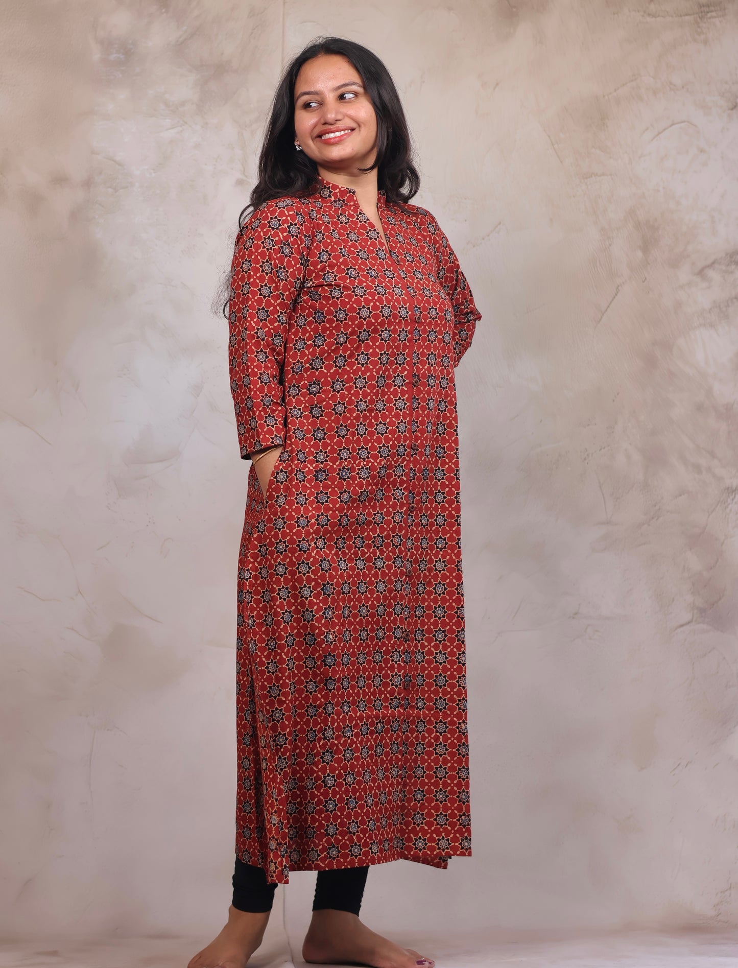 Red Ajrakh Hand Block Printed Kurti | Looms & Tassels
