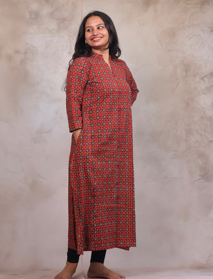 Red Ajrakh Hand Block Printed Kurti | Looms & Tassels