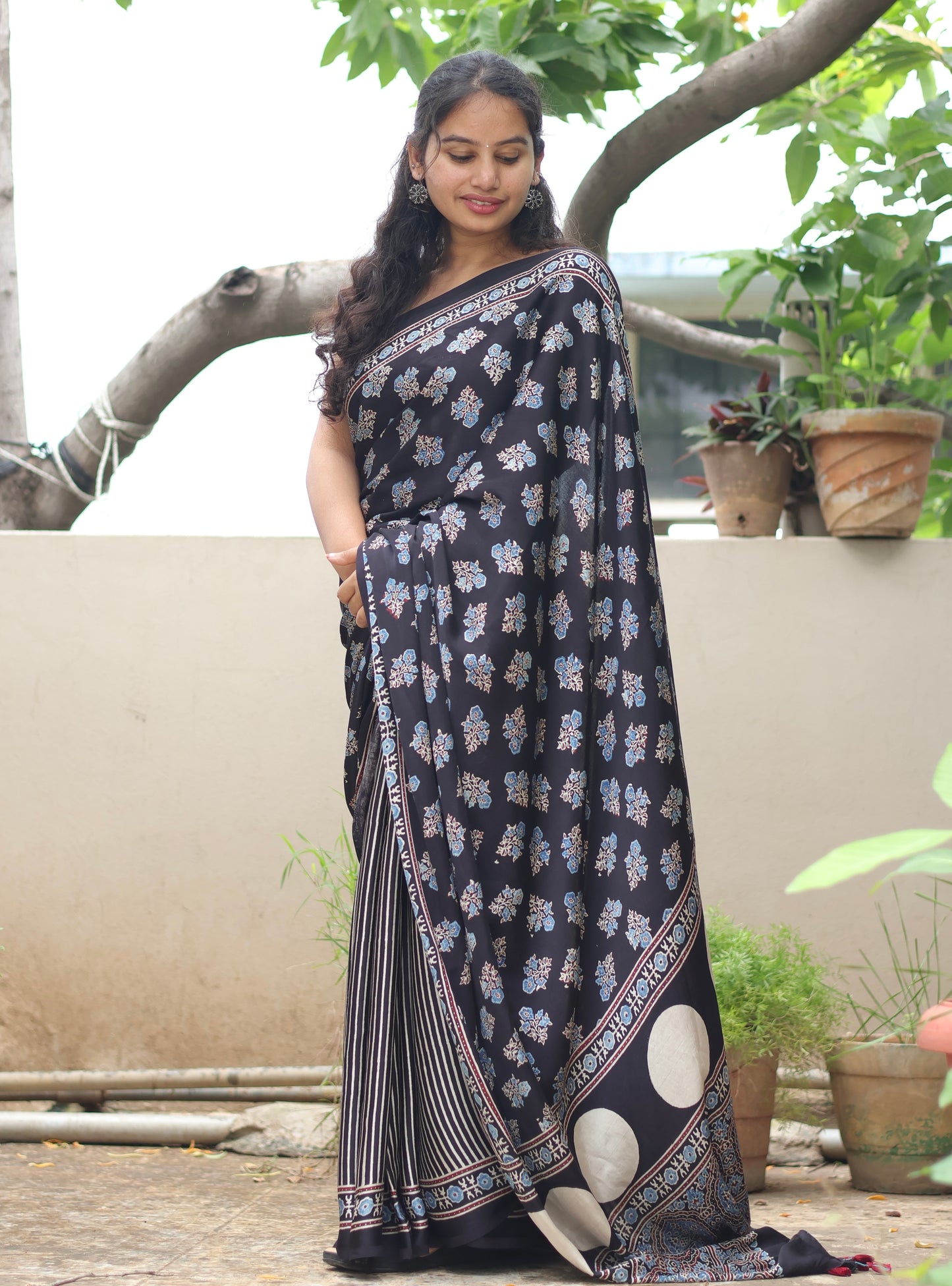 Black Ajrakh Modal Silk Saree