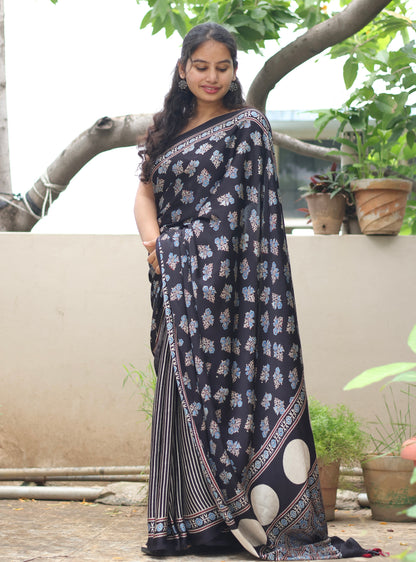 Black Ajrakh Modal Silk Saree