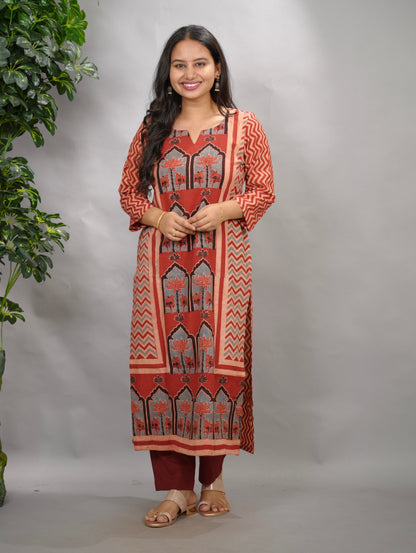 Red Ajrakh Pattern Hand Block printed Kurti | Looms & Tassels