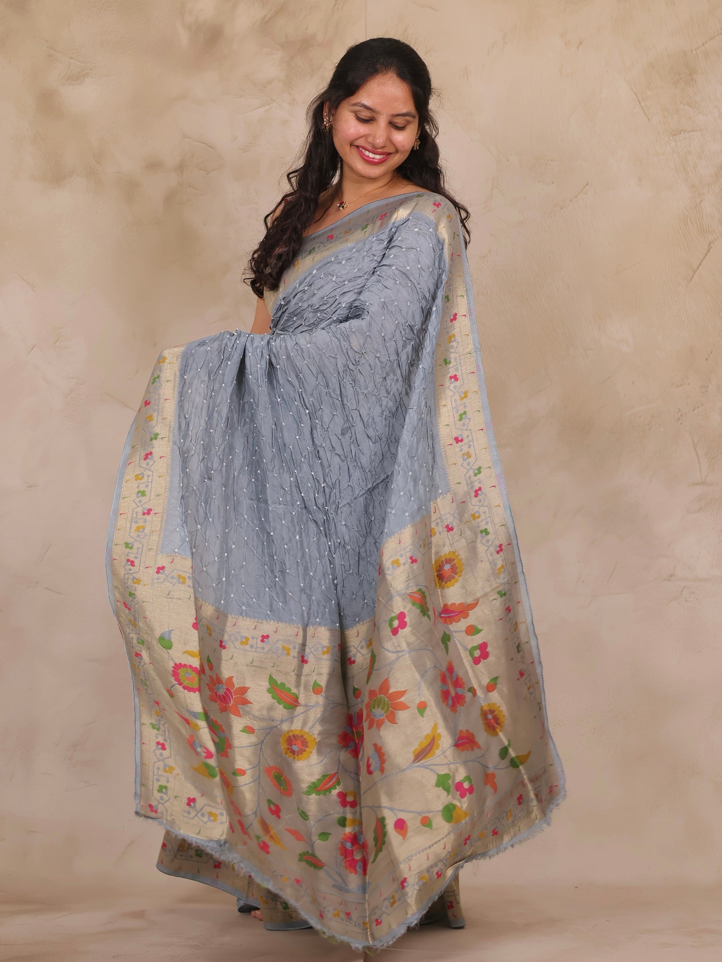 Grey Handcrafted Pattern Bandhani Paithani Dola Silk Saree | Looms & Tassels