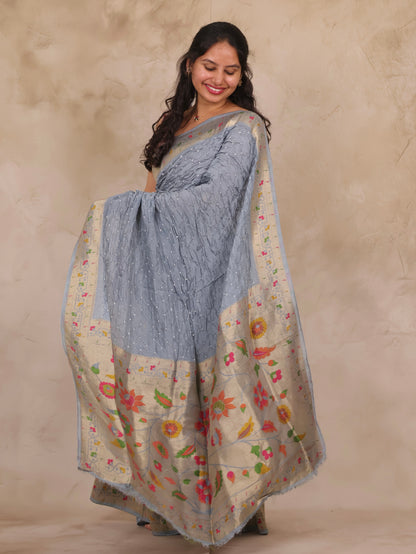 Grey Handcrafted Pattern Bandhani Paithani Dola Silk Saree | Looms & Tassels