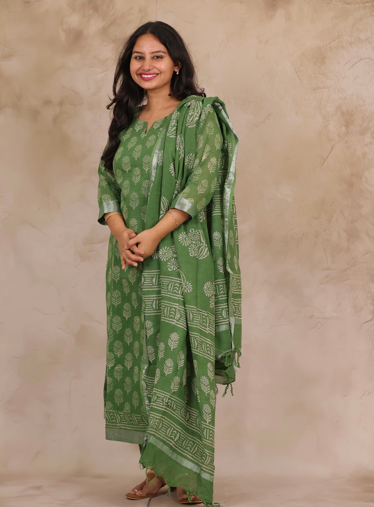 Green Linen Cotton Handblock printed 3 piece suit (stitched)