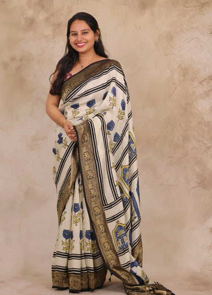 Off White Floral Ajrakh Handblock printed Dola Silk Saree | Looms & Tassels